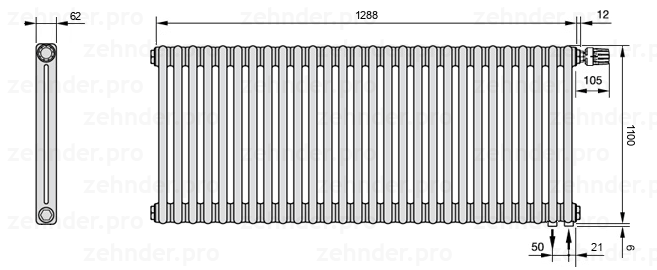 Схема (чертеж) Радиатор Zehnder Charleston 2110/28 №V002 Белый глянцевый RAL 9016